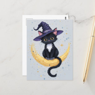 Cute Black Cat on Crescent Moon Halloween Greeting Postcard