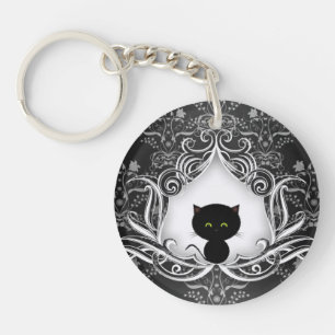 Cute Black Cat on Damask Keychain
