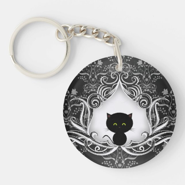 Cute Black Cat on Damask Keychain (Front)