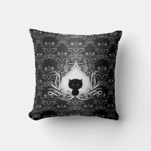 Cute Black Cat on Damask Throw Pillow