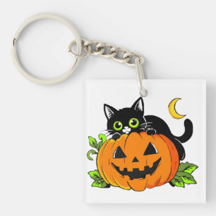 Cute Black Cat on Halloween Jack-O'-Lantern Pumpki Keychain