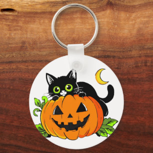 Cute Black Cat on Halloween Jack-O'-Lantern Pumpki Keychain
