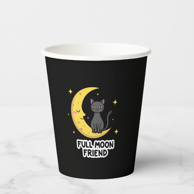 Cute Black Cat on Moon - Full Moon Friend Paper Cups (Front)