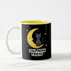 Cute Black Cat on Moon - Full Moon Friend Two-Tone Coffee Mug