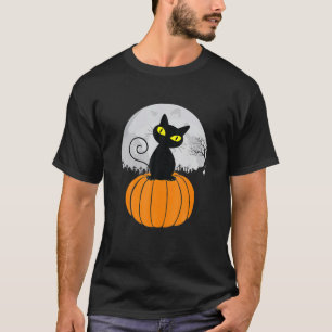 Cute Black Cat On Pumpkin Full Moon  Halloween T-Shirt