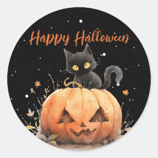 Cute Black Cat on Pumpkin Halloween Classic Round Sticker