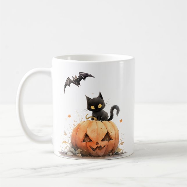 Cute Black Cat on Pumpkin Halloween Coffee Mug (Left)