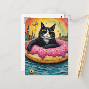 Cute Black Cat on Vacation in a Floating Doughnut Postcard