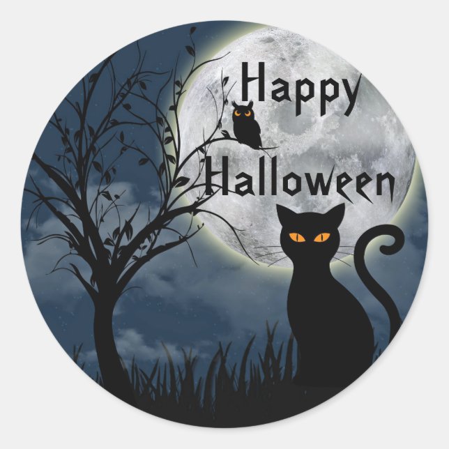 Cute Black Cat Owl Moon Graphic Halloween Classic Round Sticker (Front)
