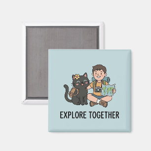 Cute Black Cat Owner Traveling Together Adventure  Magnet