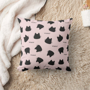 Cute Black Cat Pattern Pink Meow Kitty Throw Pillow