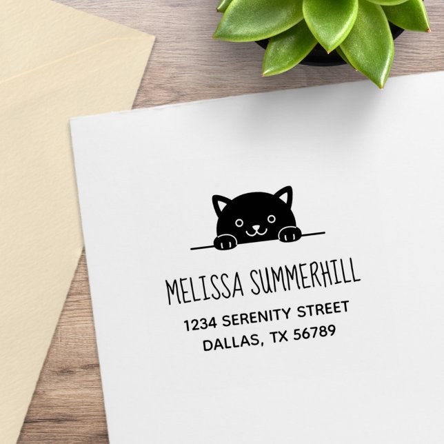 Cute Black Cat Peeking above Address 2 Rubber Stamp (Creator Uploaded)