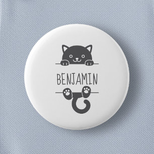 Cute Black Cat Peeking behind Custom Name 2 Inch Round Button