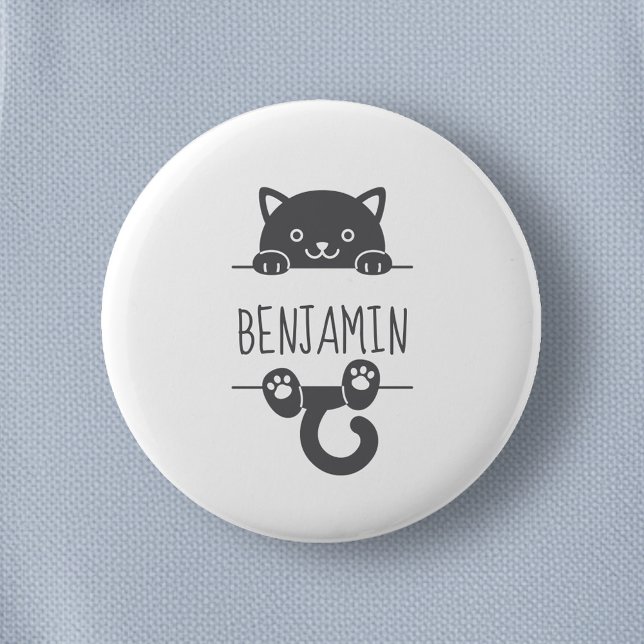 Cute Black Cat Peeking behind Custom Name 2 Inch Round Button (Creator Uploaded)