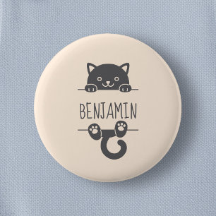 Cute Black Cat Peeking behind Custom Name 2 Inch Round Button