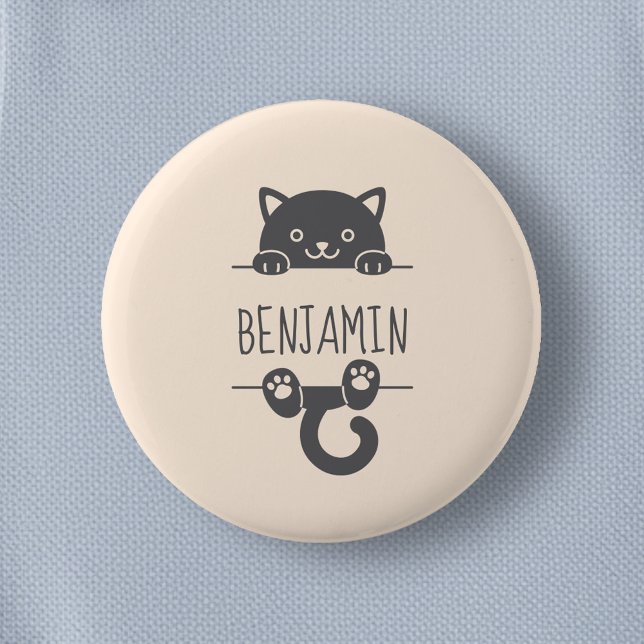 Cute Black Cat Peeking behind Custom Name 2 Inch Round Button (Creator Uploaded)