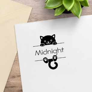 Cute Black Cat Peeking Custom Name Rubber Stamp