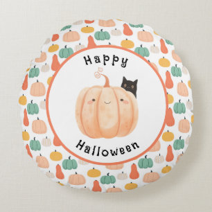 Cute Black Cat Peeking Over a Pumpkin Halloween Round Pillow