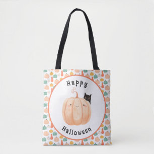 Cute Black Cat Peeking Over a Pumpkin Halloween Tote Bag
