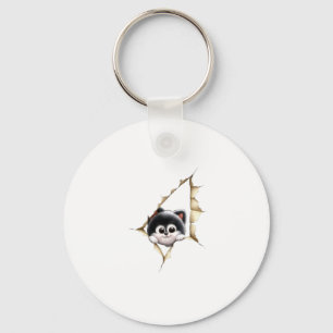 Cute Black Cat Peeking Paper Plate - Funny Animal Keychain