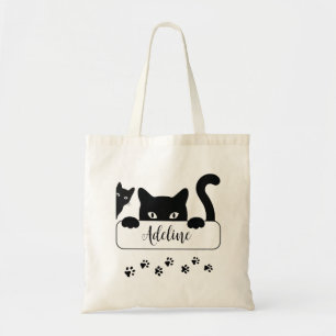 Cute Black Cat Peeking With Custom Name Tote Bag