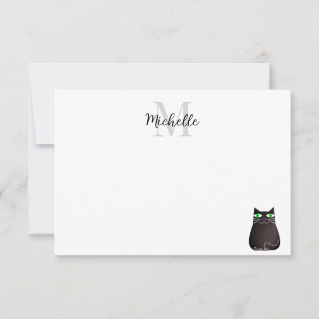 Cute Black Cat Personalized Monogram Card (Front)