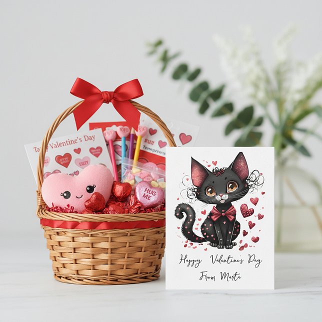 Cute black cat personalized valentine holiday card (Creator Uploaded)