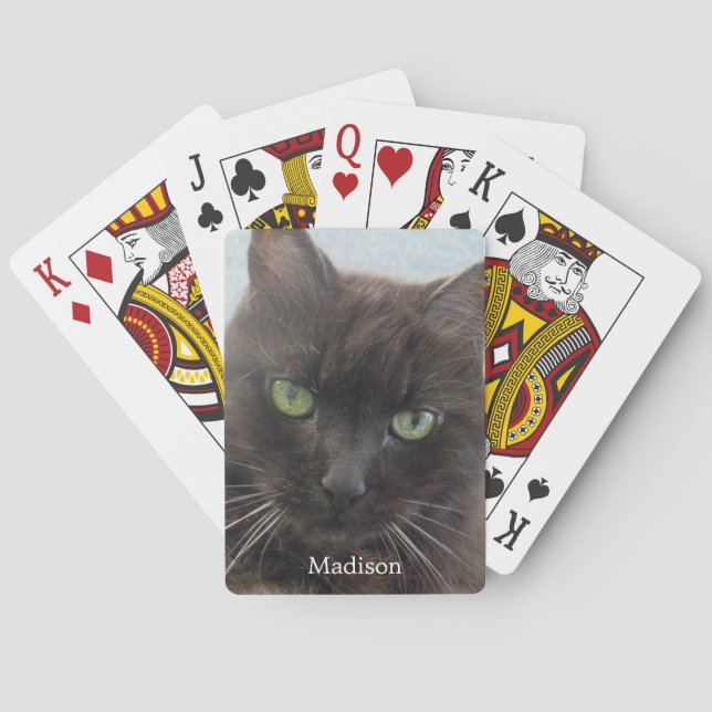 Cute Black Cat Photo Personalized Name  Playing Cards (Back)