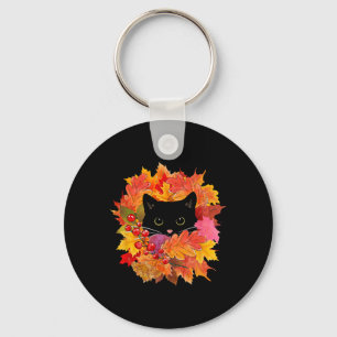 Cute Black Cat Pile Of Leaves Keychain