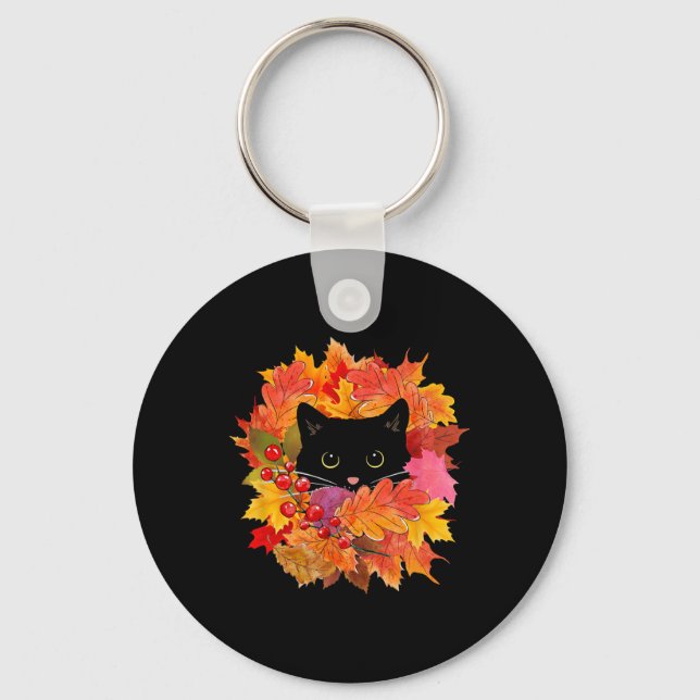Cute Black Cat Pile Of Leaves  Keychain (Front)