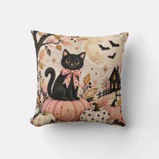 Cute Black Cat & Pink Halloween Pumpkins Throw Pillow