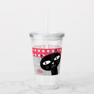 Cute Black Cat Pink Polka Dots Add Your Name Acrylic Tumbler