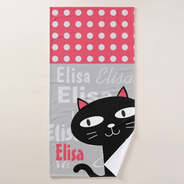 Cute Black Cat Pink Polka Dots Add Your Name Bath Towel (Bath Towel)