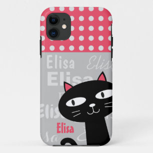Cute Black Cat Pink Polka Dots Add Your Name iPhone 11 Case