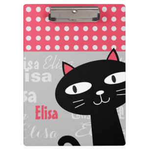 Cute Black Cat Pink Polka Dots Add Your Name Clipboard
