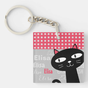 Cute Black Cat Pink Polka Dots Add Your Name Keychain