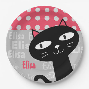 Cute Black Cat Pink Polka Dots Add Your Name Paper Plate