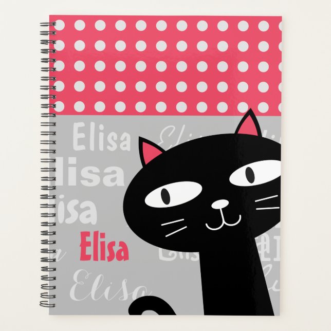 Cute Black Cat Pink Polka Dots Add Your Name Planner (Front)