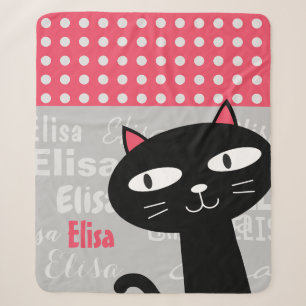 Cute Black Cat Pink Polka Dots Add Your Name Sherpa Blanket