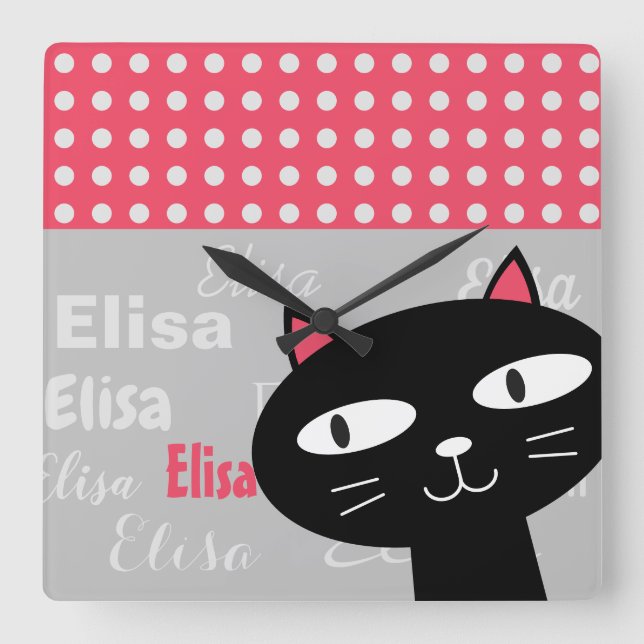 Cute Black Cat Pink Polka Dots Add Your Name Square Wall Clock (Front)