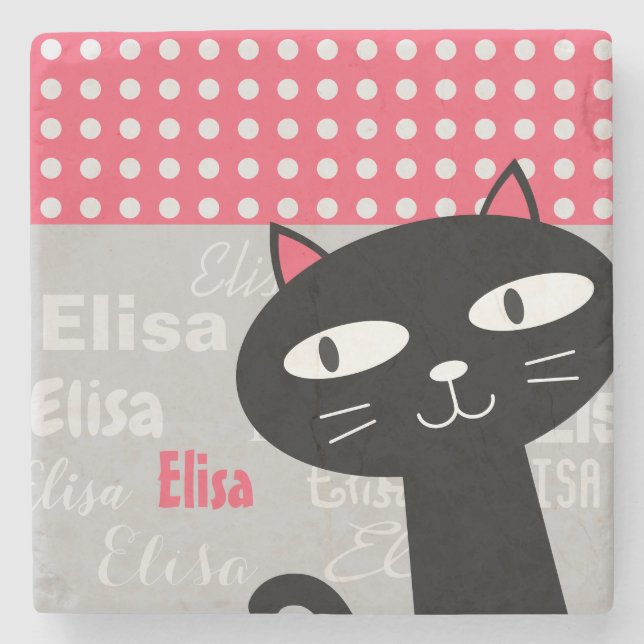 Cute Black Cat Pink Polka Dots Add Your Name Stone Coaster (Front)