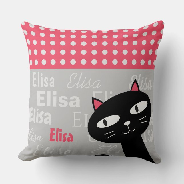 Cute Black Cat Pink Polka Dots Add Your Name Throw Pillow (Front)