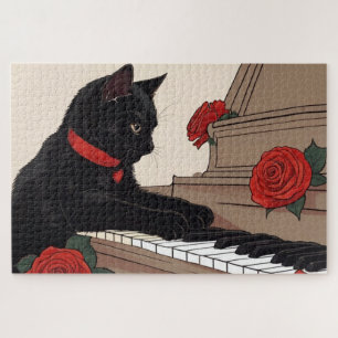 Cute Black Cat Playing Piano Jigsaw Puzzle