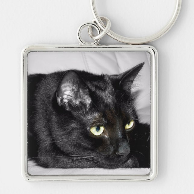 Cute Black Cat Portrait Keychain (Front)