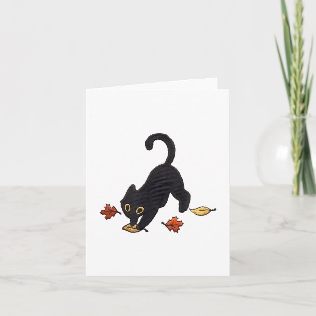 Cute Black Cat Pouncing Leaves _1  Card (Front)