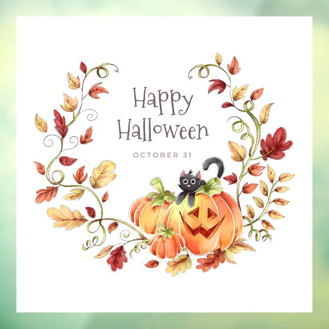 Cute Black Cat, Pumpkin and Autumn Foliage Window Cling (Sheet 3)