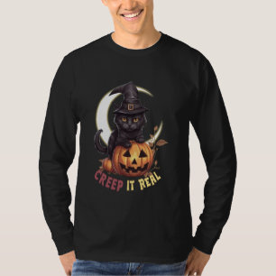 Cute Black Cat Pumpkin Creep It Real Crescent Moon T-Shirt