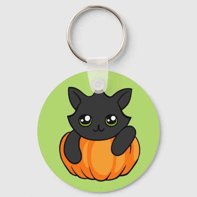 Cute Black Cat Pumpkin Drawing Halloween Keychain (Front)