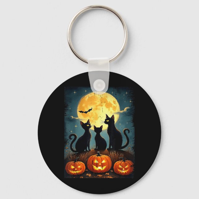 Cute Black Cat Pumpkin Halloween Costume Fall Keychain (Front)