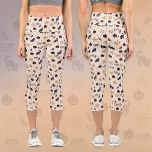 Cute Black Cat Pumpkin Halloween Pattern Capri Leggings